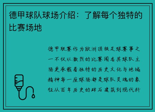 德甲球队球场介绍：了解每个独特的比赛场地