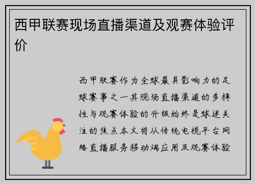 西甲联赛现场直播渠道及观赛体验评价